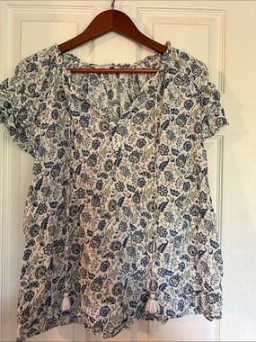 Rose & Olive White Floral Peasant Blouse with Blue & Green Print